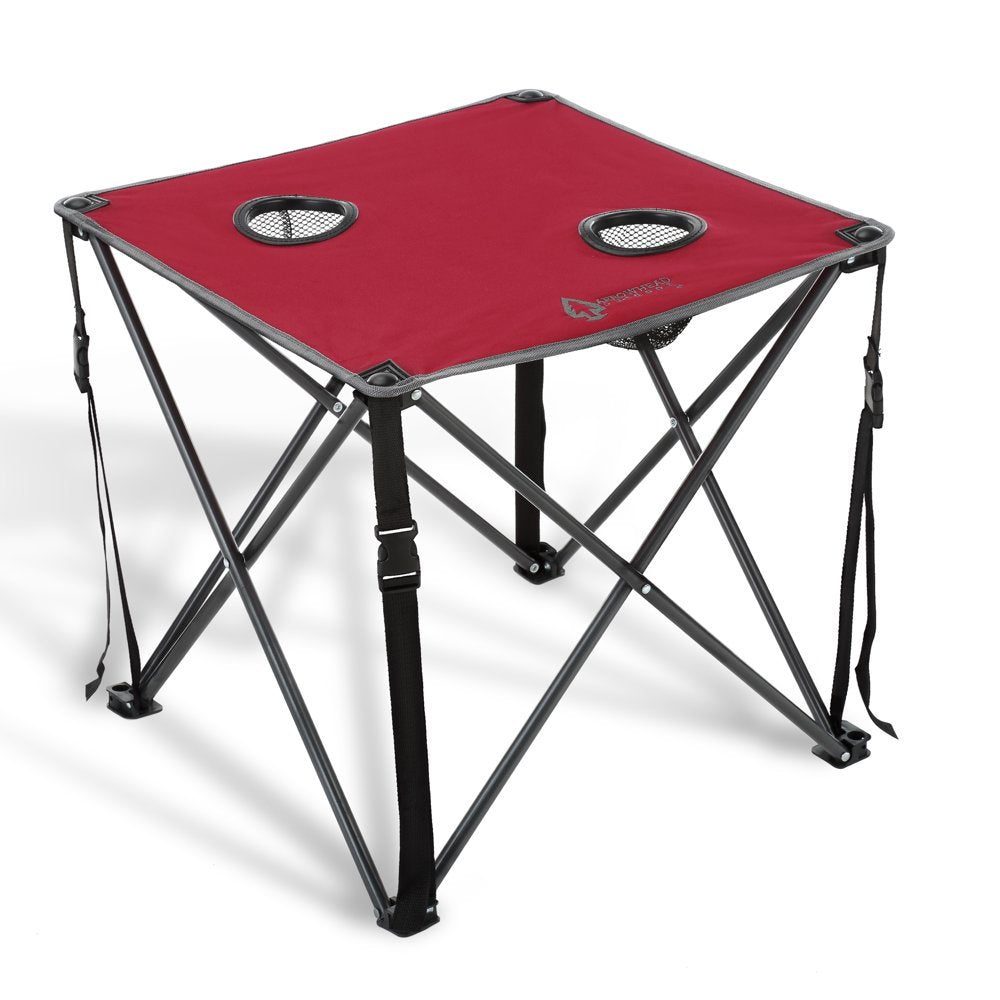 ARROWHEAD OUTDOOR 26” (66Cm) Heavy-Duty Portable Camping Folding Table, 2 Cup Holders, Compact, Square, Carrying Case Included, Steel Frame, High-Grade 600D Canvas, Usa-Based Support (Tan)