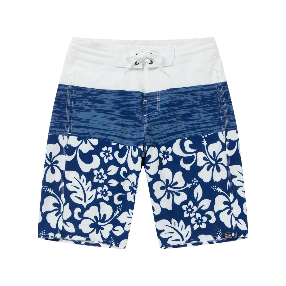 Men'S Spandex Hawaiian Beach Board Shorts with Zipped Pocket in Classic Hibiscus Print in Blue 38