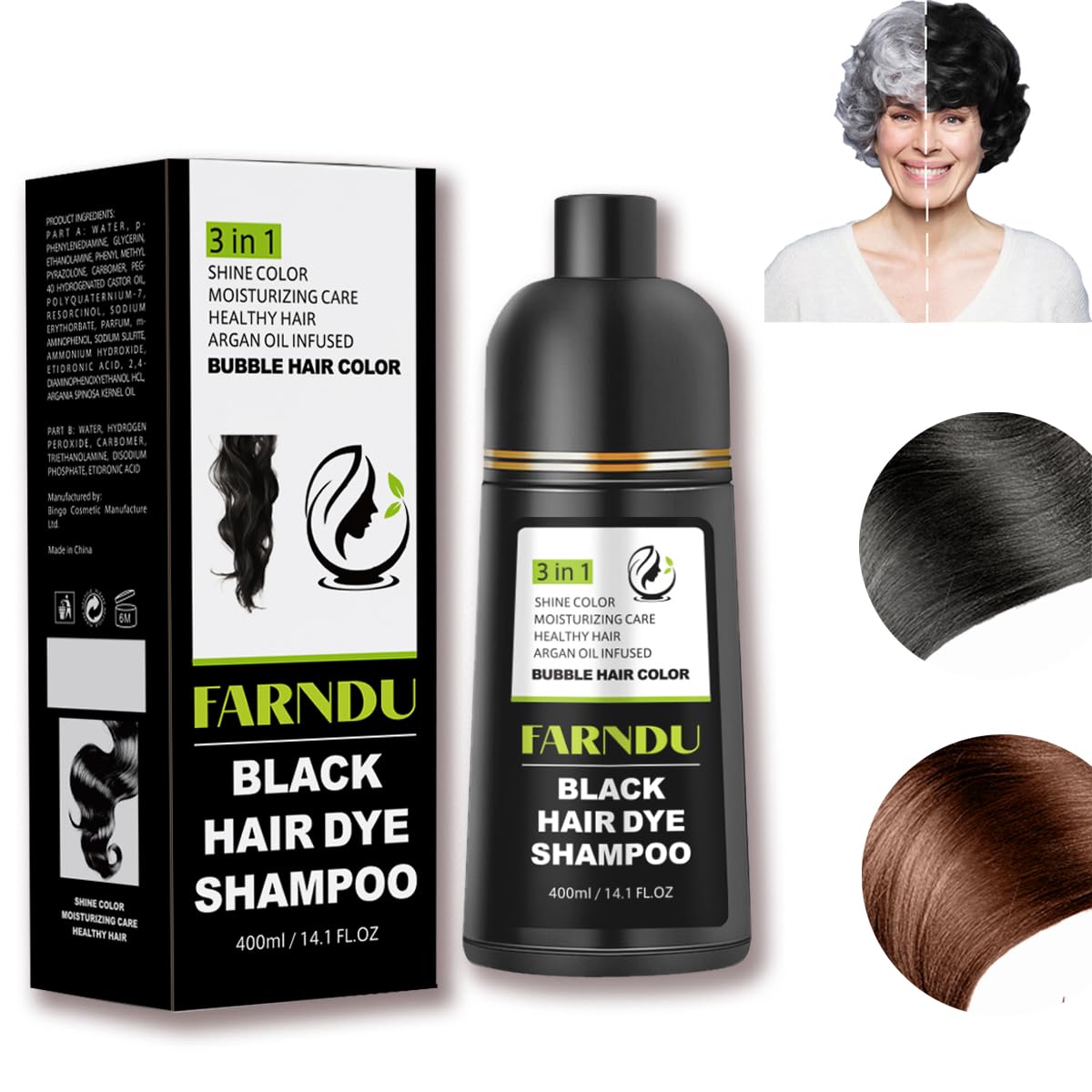 Hair dye Shampoo for Women & Men Gray Hair Coverage and Herbal Ingredients 3 In 1 Hair Color Shampoo【Black】