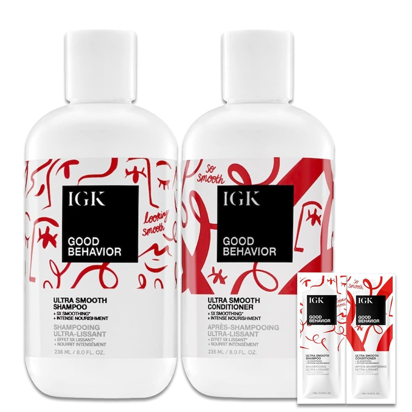 IGK GOOD BEHAVIOR Ultra Smooth Shampoo and Conditioner Set (8 Oz) + Bonus Travel Size Packettes | Volume + Thickening | Vegan + Cruelty-Free |