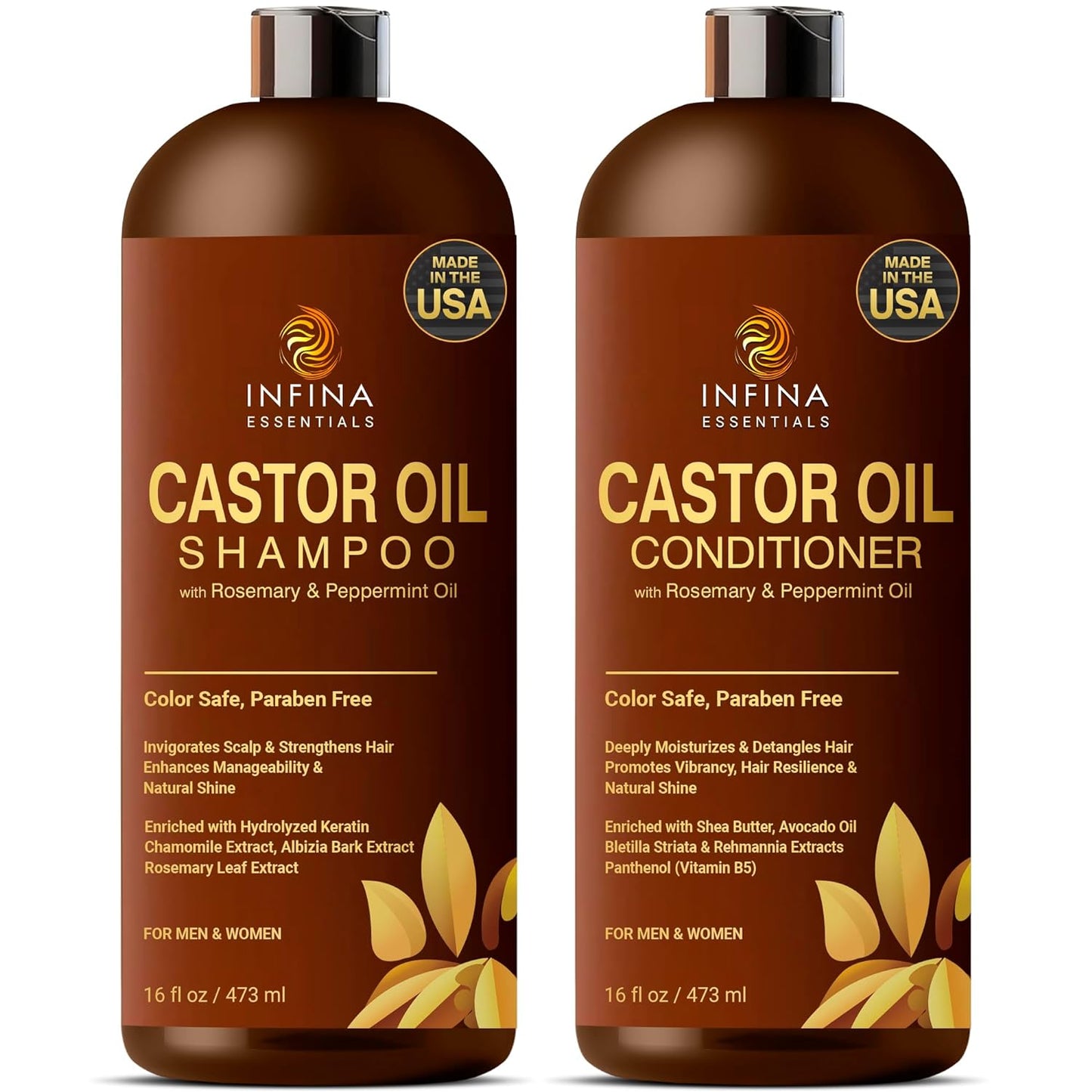 Castor Shampoo and Conditioner Set Hair Growth with Rosemary & Peppermint Oil - Cleanse, Strengthen & Shine, Anti-Hair Loss for Men & Women - 16 fl oz
