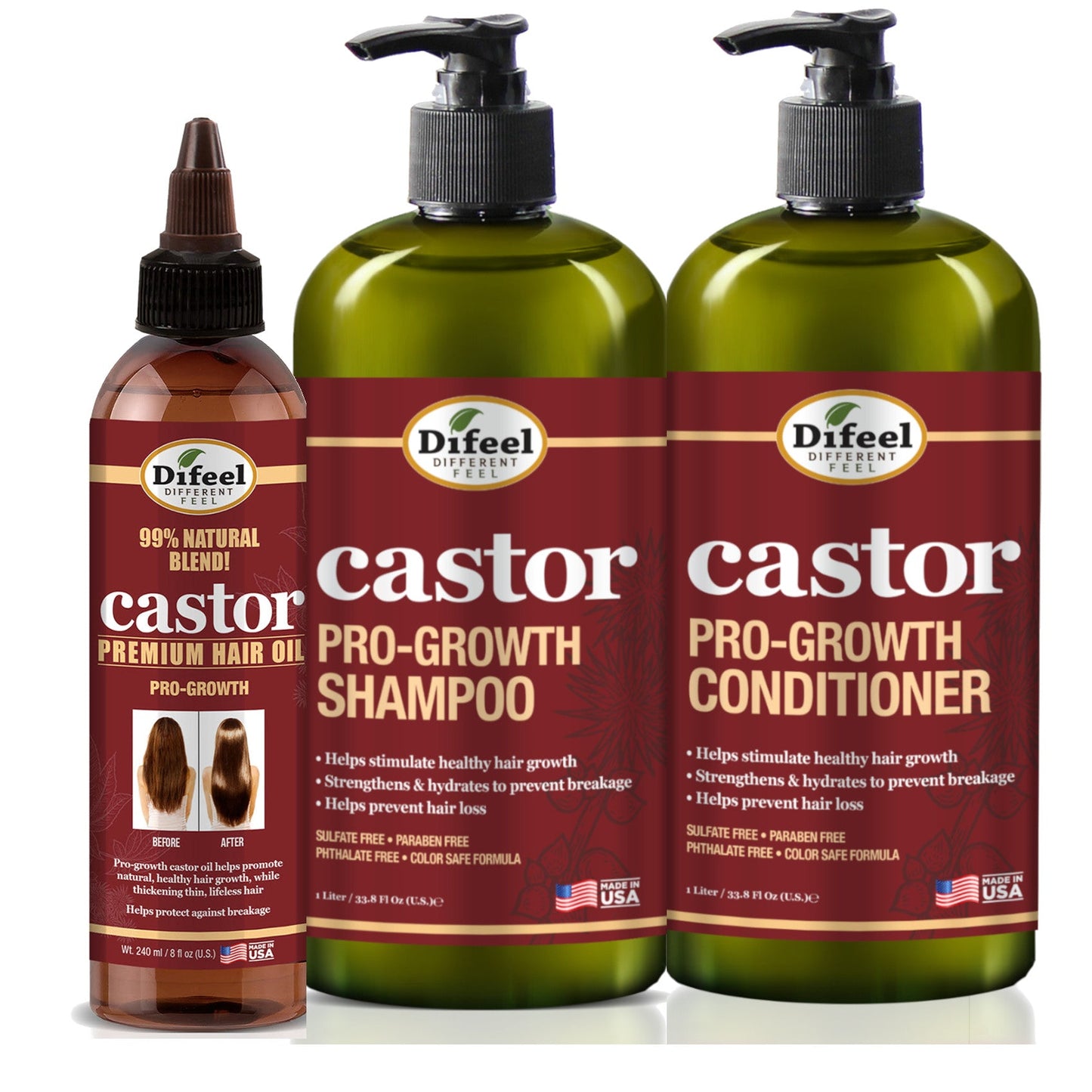 Difeel Castor Pro-Growth 3-PC Large Hair Care Set - Shampoo 33.8oz, Conditioner 33.8oz, & Hair Oil 8oz