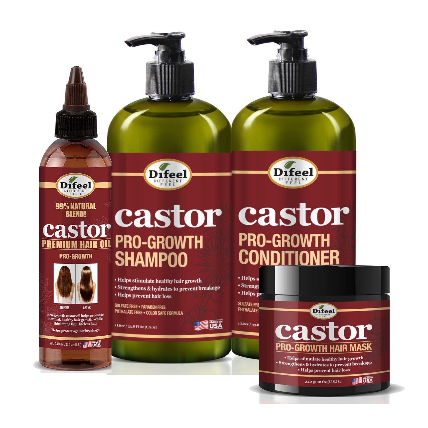 Difeel Castor Pro-Growth 4-PC Ultimate Hair Care Set - Shampoo 33.8oz, Conditioner 33.8oz, Hair Mask 12 oz. & Hair Oil 8oz