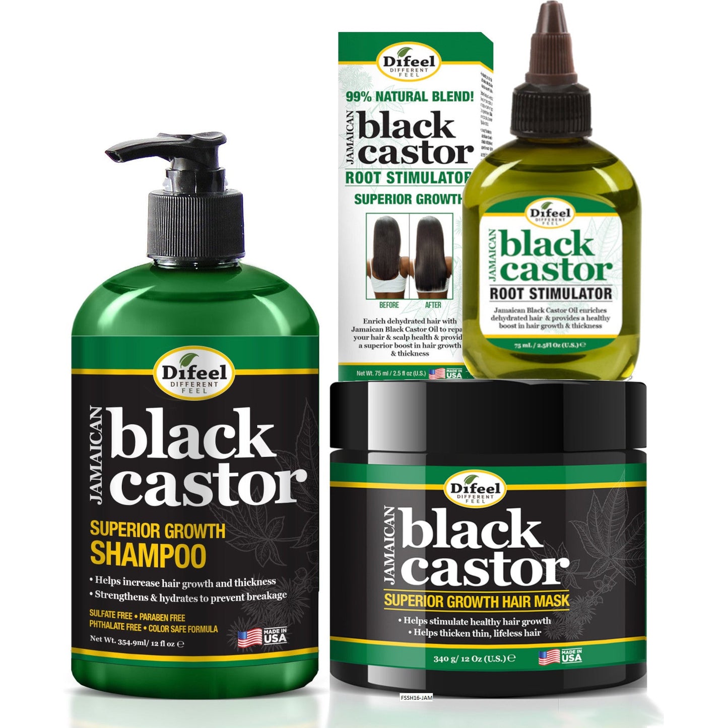 Difeel Superior Growth Jamaican Black Castor 3-PC Hair Care Set - Includes 12 oz. Shampoo, 12 oz. Hair Mask & 2.5 oz. Root Stimulator