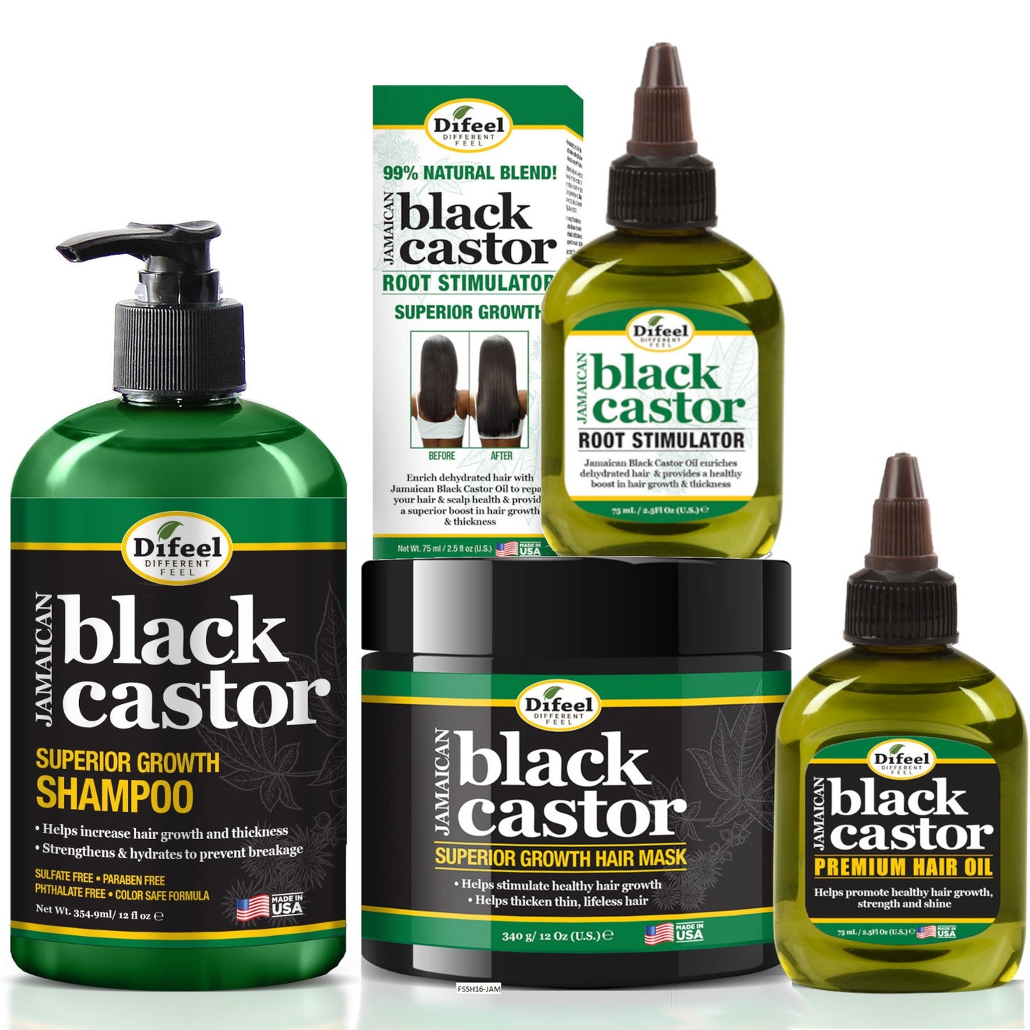 Difeel Superior Growth Jamaican Black Castor 4-PC Hair Treatment Set - Includes 12 oz. Shampoo, 12 oz. Hair Mask , 2.5 oz. Root Stimulator & 2.5 oz. Hair Oil