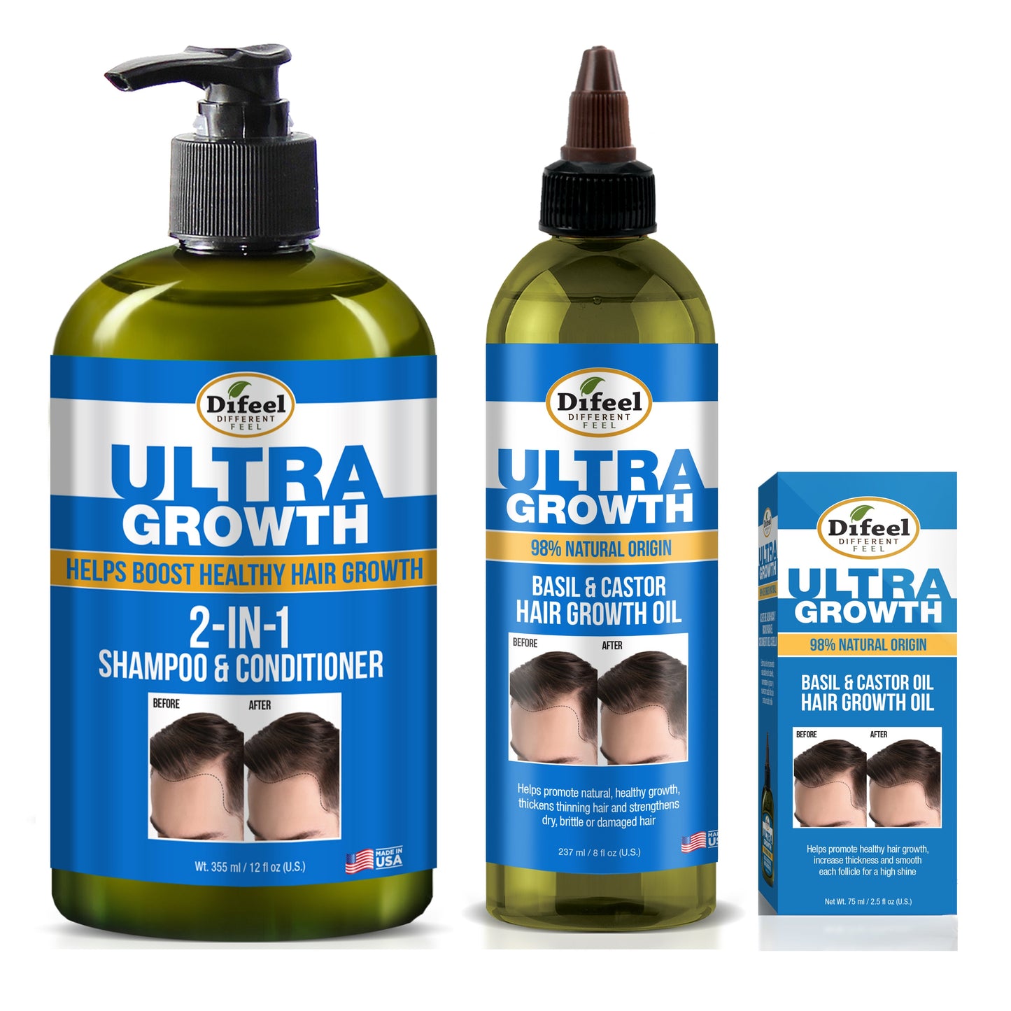 Difeel Mens Ultra Growth 3-PC Hair Growth Shampoo, Condition & Treatment Set - Includes 12 oz. 2-in-1 Shampoo, 8oz Hair Oil & 2.5oz Hair Oil
