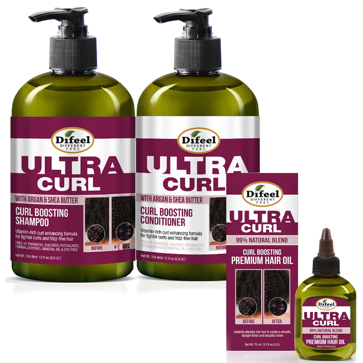 Difeel Ultra Curl 3-PC Curl Boosting Hair Care Set : Ultra Curl Shampoo 12 oz, Conditioner 12 oz. and Hair Oil 2.5 oz. Set