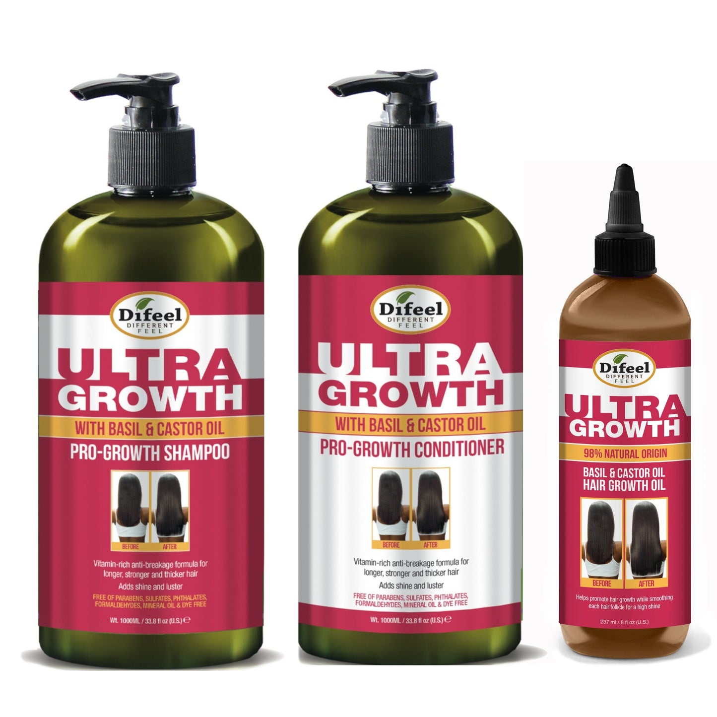 Difeel Ultra Growth with Basil & Castor Oil- Large 33.8oz Shampoo, 33.8oz Conditioner AND 8oz Hair Oil