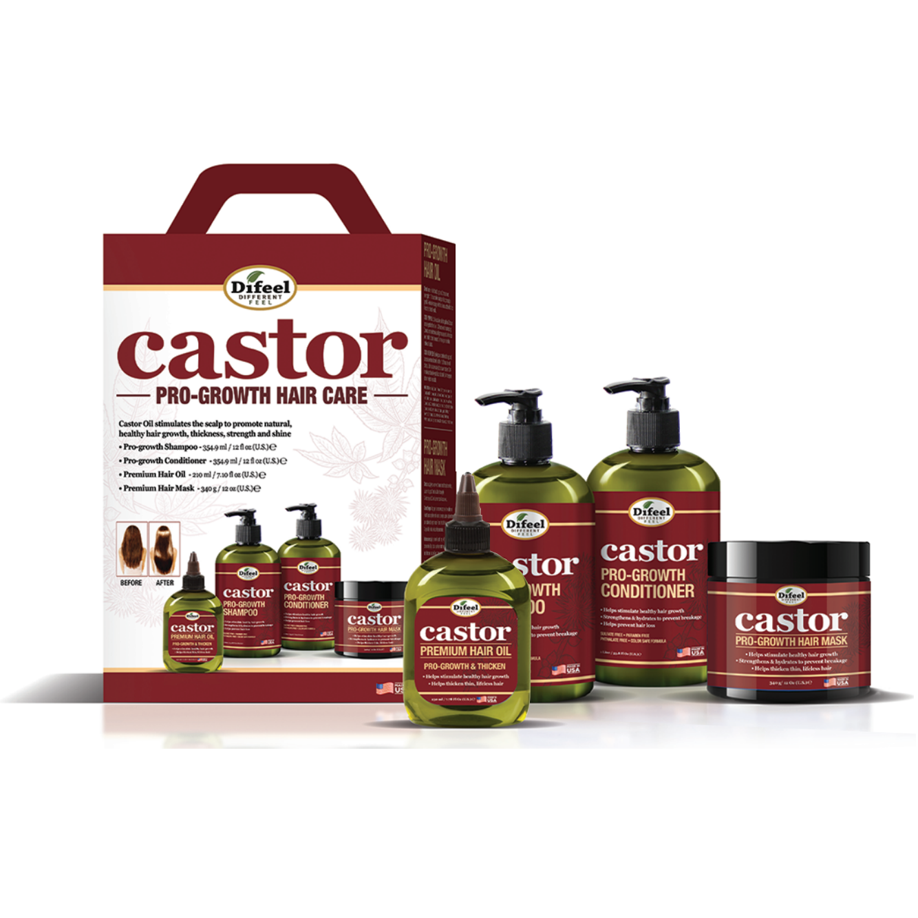 Difeel Castor Pro-Growth Hair Care Gift Set: Castor Shampoo 12 oz, Conditioner 12 oz., Hair Mask 12 oz. & Hair Oil 2.5 oz.
