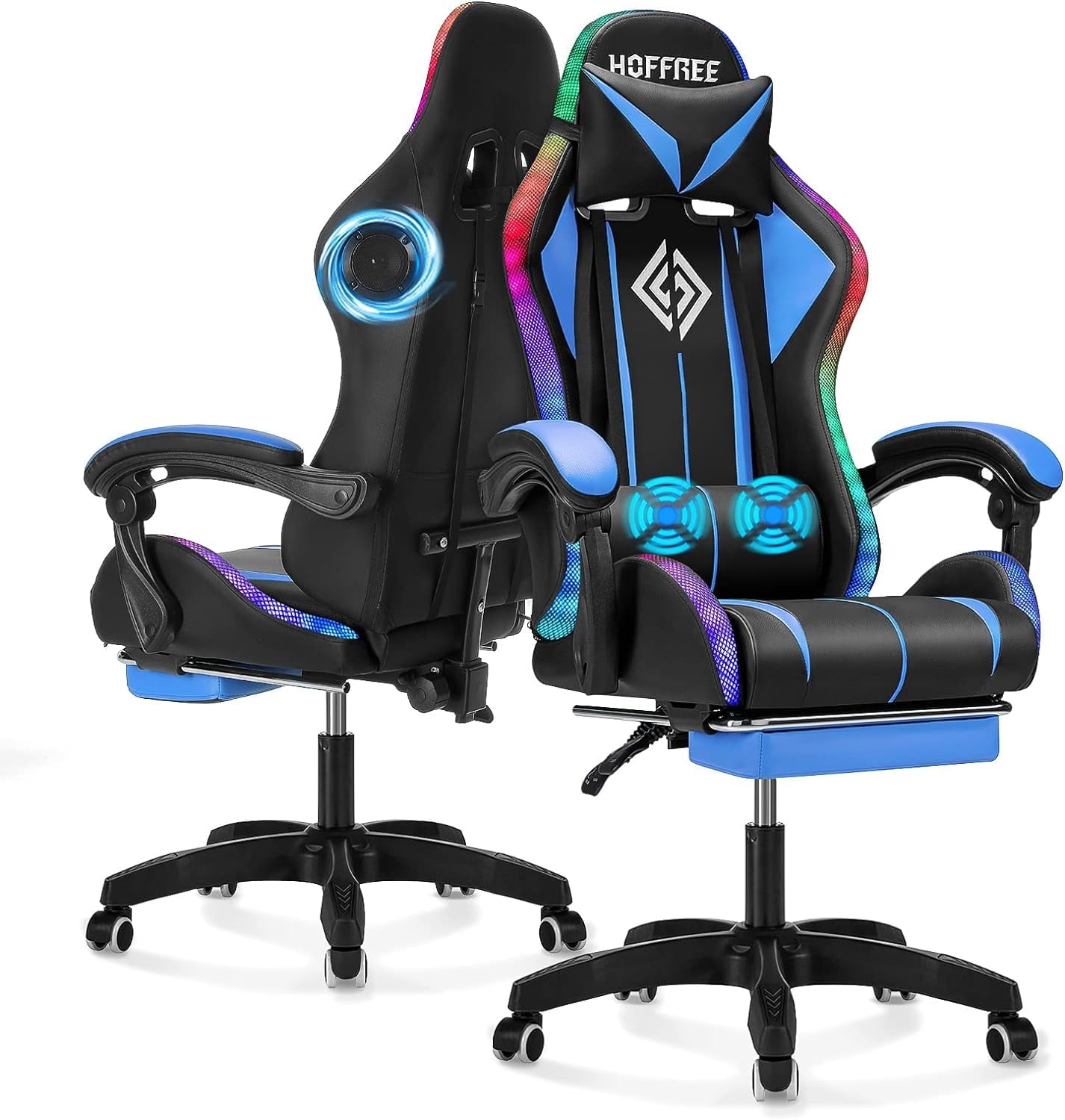 Gaming Chair with Bluetooth Speakers and RGB LED Lights Ergonomic Massage Video Game Chair with Footrest High Back with Lumbar Support Blue and Black