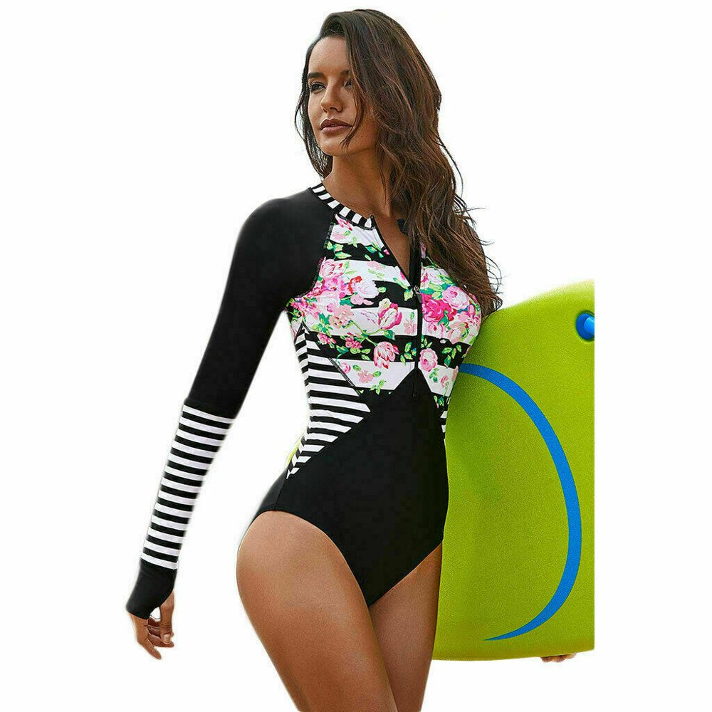 Women 1-Piece Long Sleeve Rash Guard UV UPF 50+ Sun Protection Zipper Swimsuit Swimwear Swimming Surfing Diving Suit