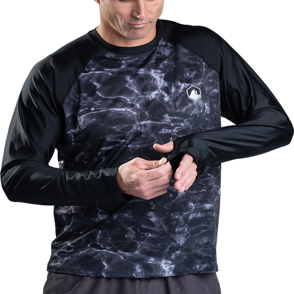 Aqua Design Rash Guard Men Long Sleeve Thumb Hole UPF 50+ Rashguard Swim Shirts: Liquid Lava/Black Size Large