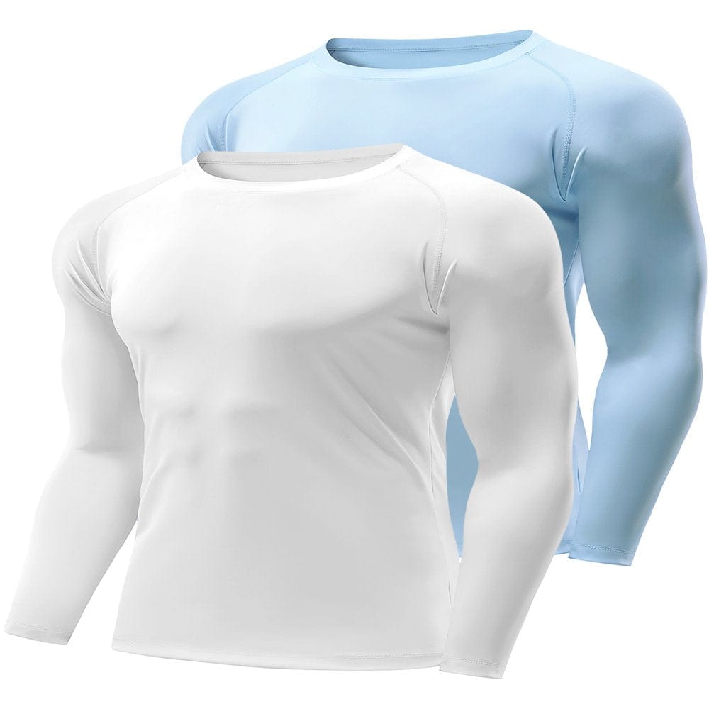 Crelity 2 Pack Men'S Quick Dry Lightweight UPF 50+ Long Sleeve Shirts Rash Guard Swim Shirts Hiking Shirts, Light Gray /Turquoise -M