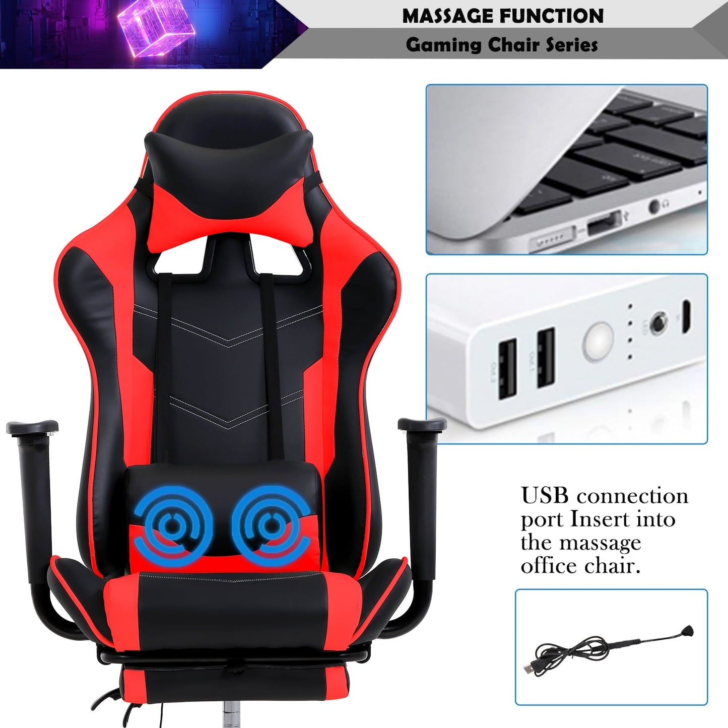 CL.HPAHKL Massage Gaming Chair, Height Adjustable Swivel Rolling Chair with Headrest Footrest and Massage Lumbar Support, PU High Back Ergonomic PC Chair for Office or Gaming, Office Gaming Chair