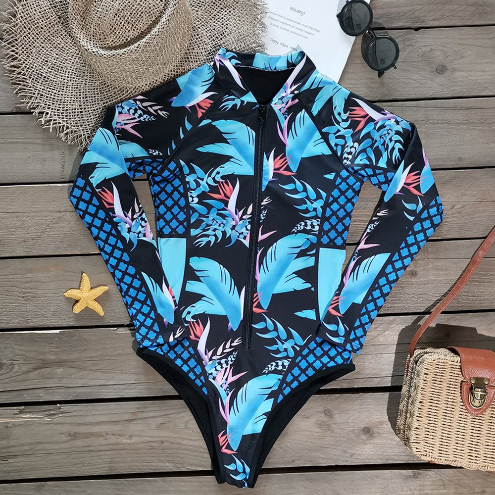 Attraco Womens One Piece Zipper Rushguard Long Sleeve Zipped Printed Surfing Swimsuit Swimwear