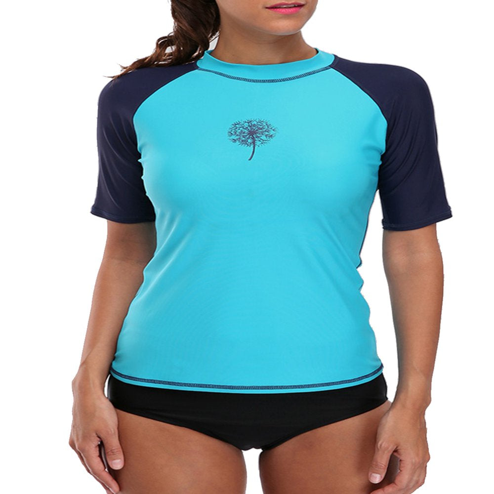 Attraco Women'S Short Sleeve Rash Guard Color Block Swimwear UPF 50+ Running Swimming Shirt