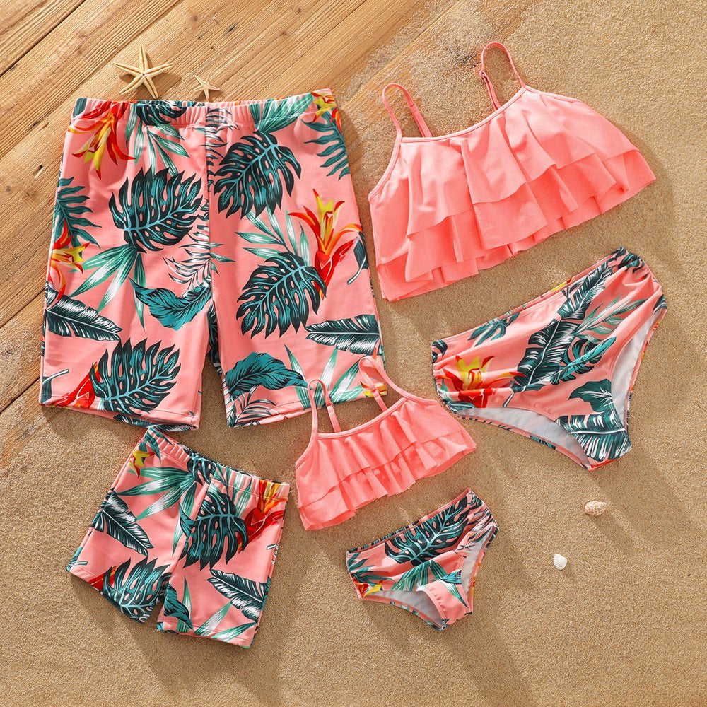 Patpat Family Matching Tropical Pink Swim Trunks and Layered Ruffle Swimsuit for Women/Men/Kids, Two-Piece