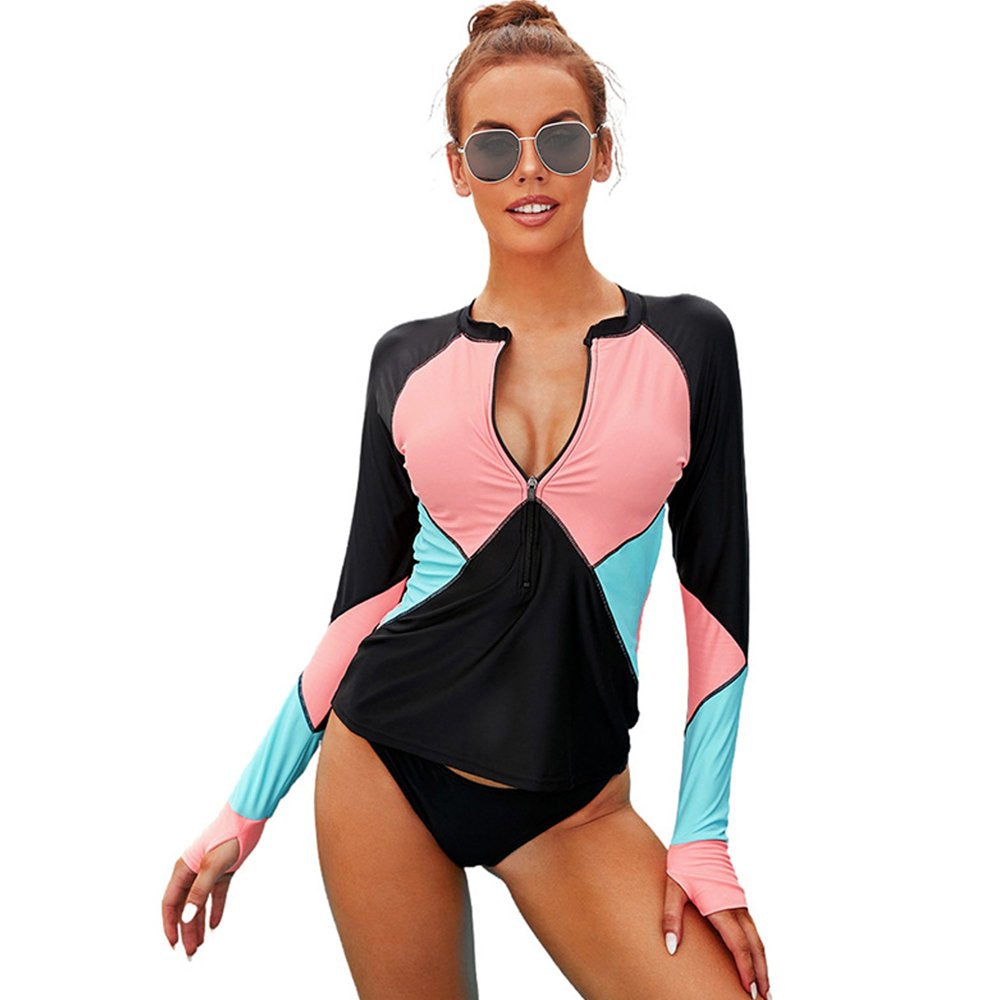 Women Rash Guard Long Sleeve Swimsuits UV UPF 50+ Swim Shirt Two Piece Tankini Set Bathing Suit -L US(12-14)