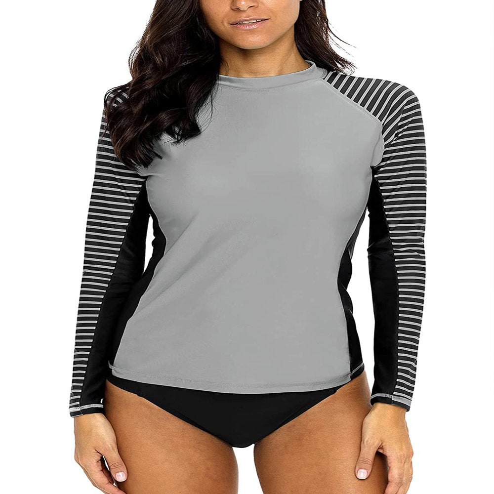 Charmo Women'S Long Sleeve Rashguard UPF 50 Sun Protection Swimsuit Top Striped Swim Shirts