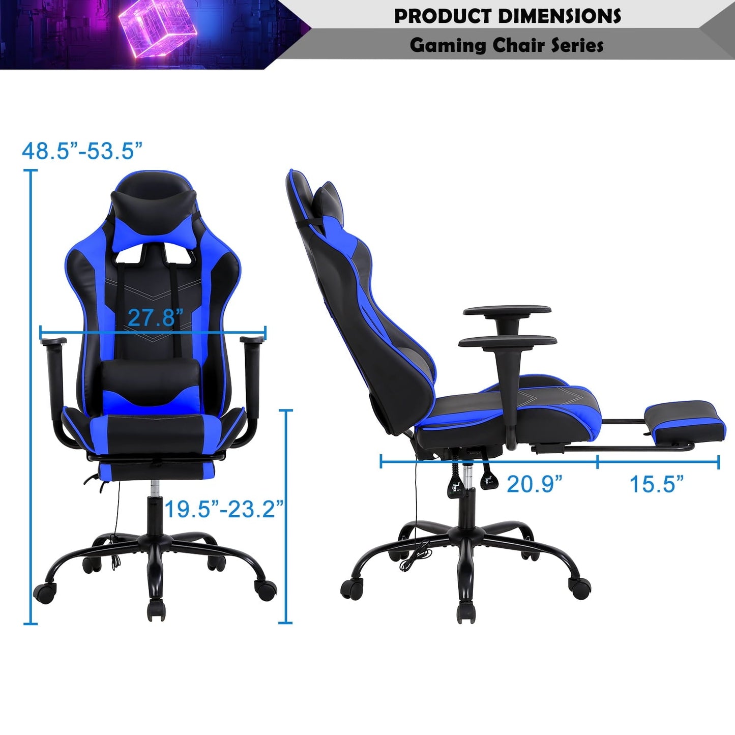 CL.HPAHKL Massage Gaming Chair, Height Adjustable Swivel Rolling Chair with Headrest Footrest and Massage Lumbar Support, PU High Back Ergonomic PC Chair for Office or Gaming, Office Gaming Chair