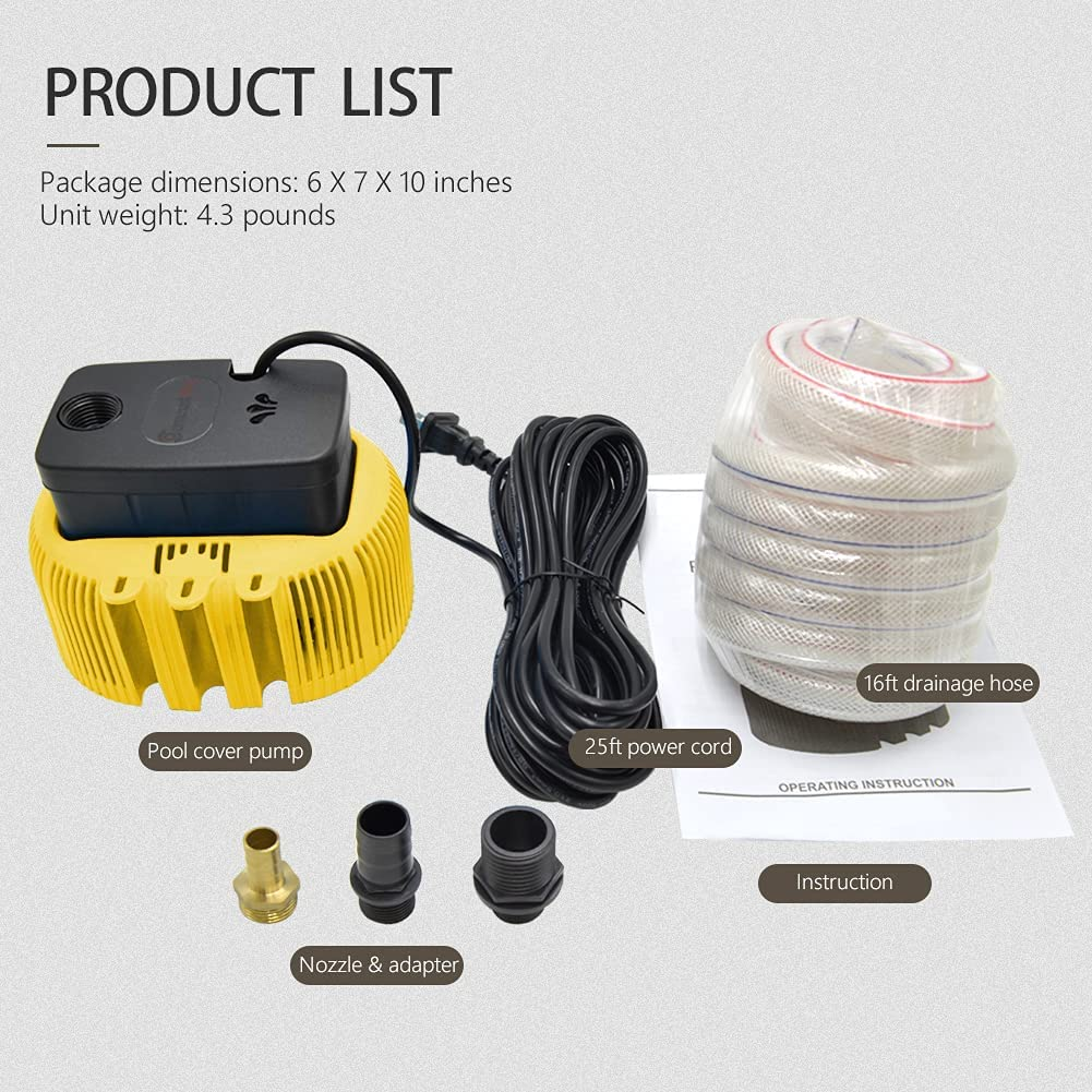 Pool Cover Pump above Ground Sump Pumps Water Pump 850GPH Swimming Water Removal Pumps with 3 Adapters 16Ft Drainage Hose (Orange)