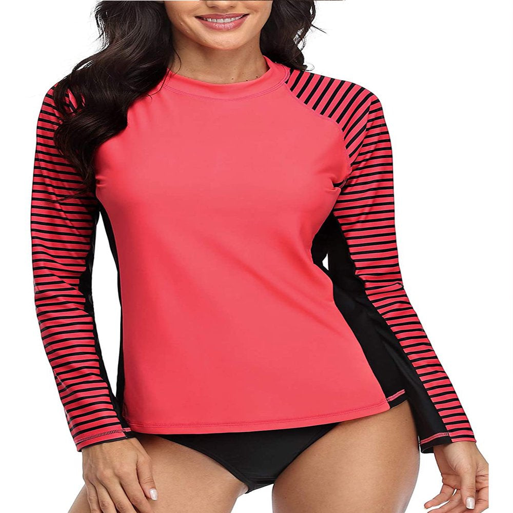 Charmo Women'S Long Sleeve Rashguard UPF 50 Sun Protection Swimsuit Top Striped Swim Shirts