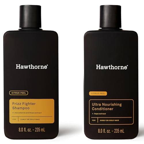 Hawthorne Men's Ultra Nourishing Shampoo and Conditioner Set. Unlock Moisturized, Non-Frizzy Hair with Shea Butter and Coconut Oil. Woody Citrus Scent. Sulfate Free, Paraben Free. 8 fl. oz each.