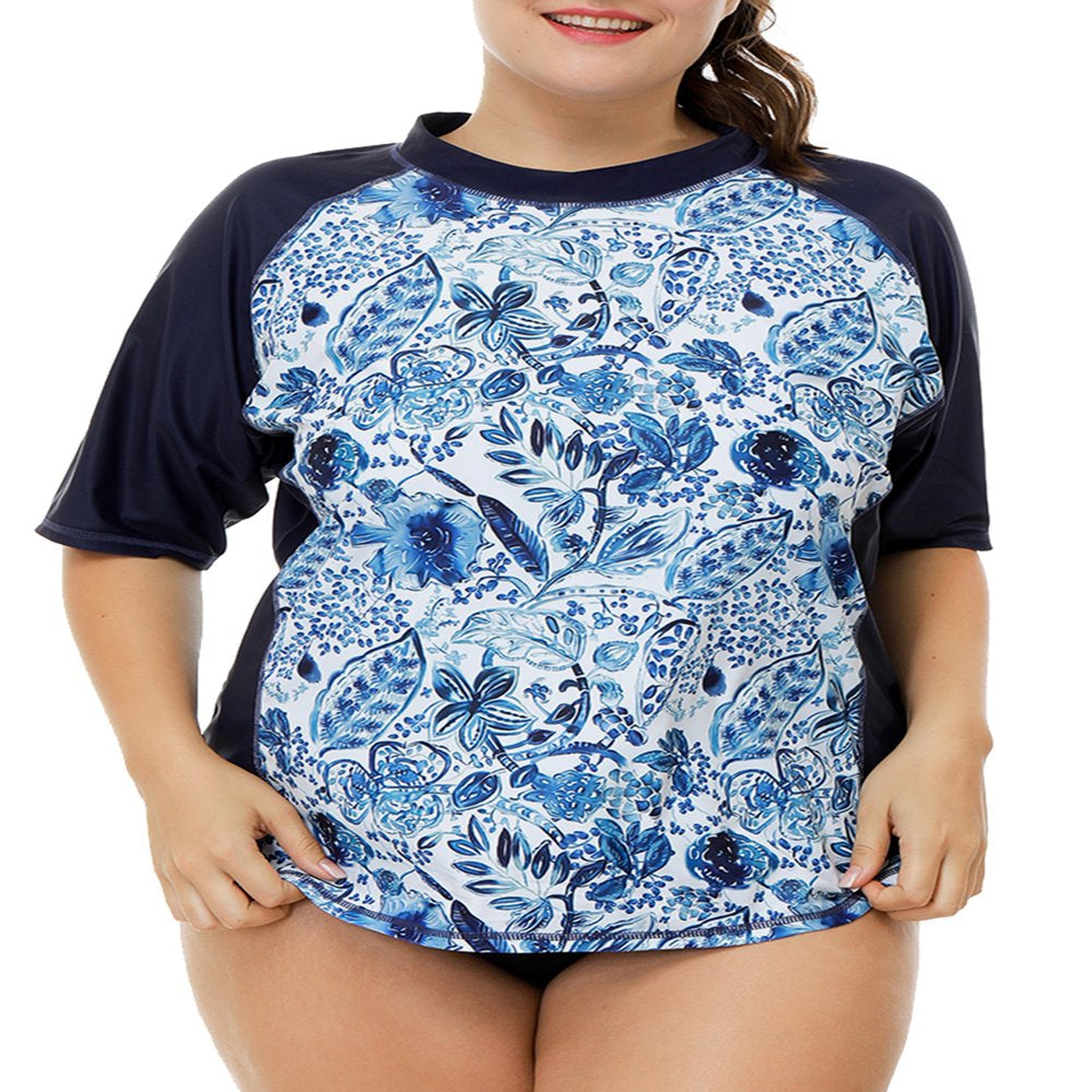 Charmo Women plus Size Rash Guard Short Sleeve Swim Shirt Rashguard Swimwear Top