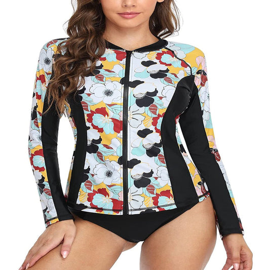 Charmo Women'S Zip Front Long Sleeve Rash Guard Top Sun Protection Swim Shirt