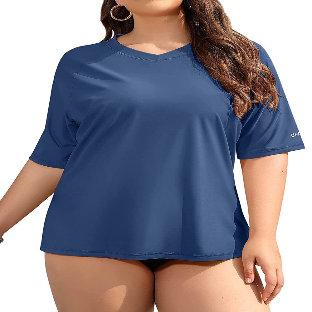 Women'S plus Size Rash Guard Short Sleeve Swim Shirt UPF 50+ Swimsuit Tops