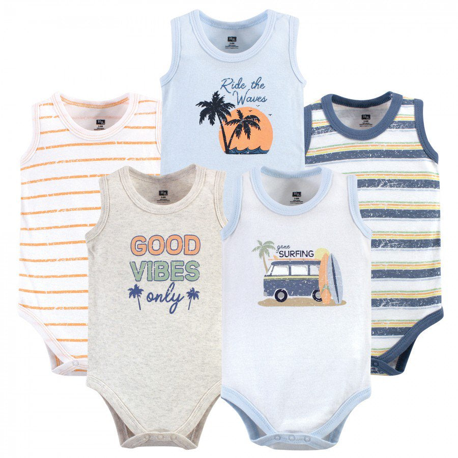 Hudson Baby Infant Boy Cotton Sleeveless Bodysuits 5Pk, Gone Surfing, 0-3 Months