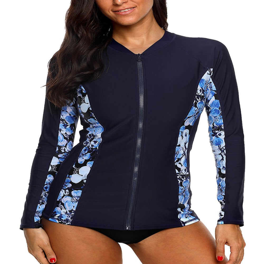 Charmo Women'S Zip Front Long Sleeve Rash Guard Top Sun Protection Swim Shirt