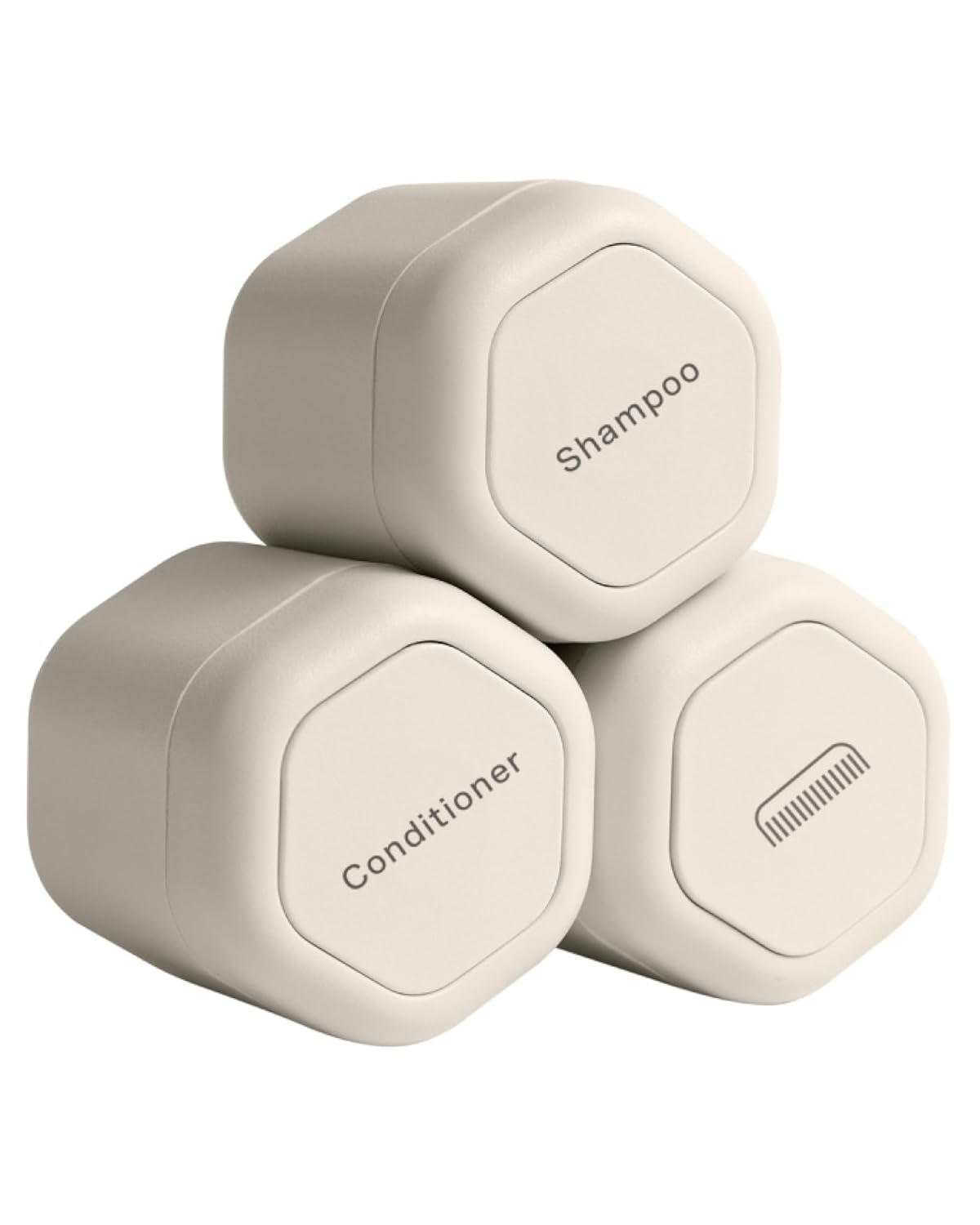 Cadence Travel Containers - Haircare Set - Magnetic Travel Capsules - For Shampoo, Conditioner, Hair Styling Product - 3 Flex Mediums (1.32oz) with Shampoo, Conditioner & Comb Icon Labels - Sand