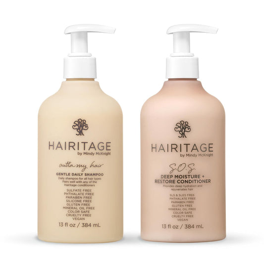 Hairitage Outta My Hair Gentle Daily Shampoo - Cleanses + Hydrates Hair - For Dry Hair With Jojoba Oil + SOS Deep Moisture + Restore Conditioner - For Dry, Thick Hair with Safflower Oil - 13 oz