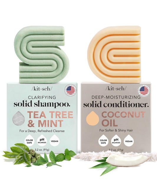 Kitsch Tea Tree Shampoo Bar Soap & Coconut Oil Hair Conditioner Bar, Clarifying Shampoo for Hair Grease, Cleansing & Moisturizing Organic Natural Soap, Zero Waste Travel Size Hair Care Set of 2 Pack