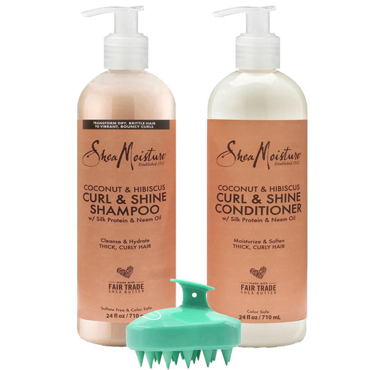 Shea Mosture Shampoo and Conditioner Set - 24 Fl oz. Ea - Coconut & Hibiscus Curl & Shine, for Thick, Curly Hair with Silk Protein, Neem Oil & Coconut Oil - Bundled with Peaknip Scalp Massager Brush
