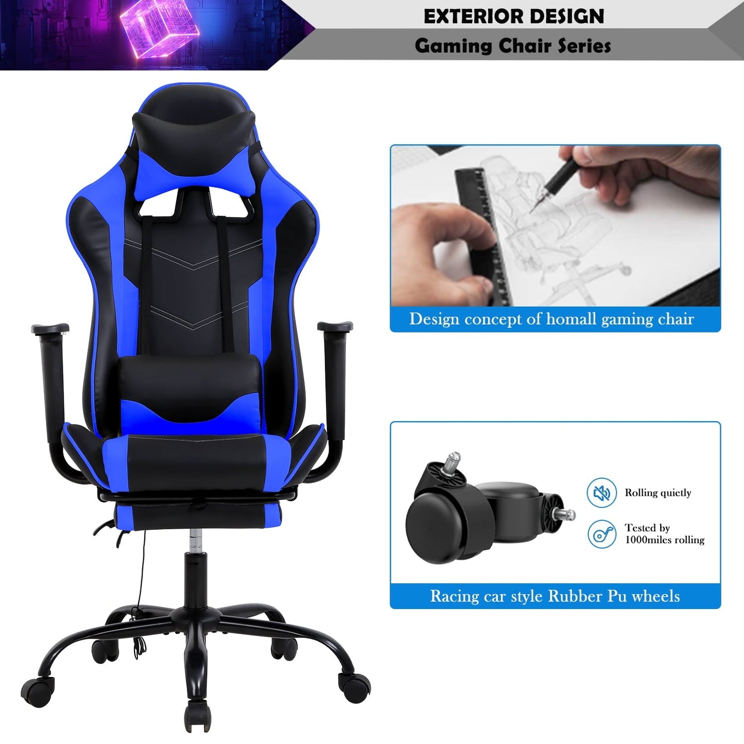 CL.HPAHKL Massage Gaming Chair, Height Adjustable Swivel Rolling Chair with Headrest Footrest and Massage Lumbar Support, PU High Back Ergonomic PC Chair for Office or Gaming, Office Gaming Chair