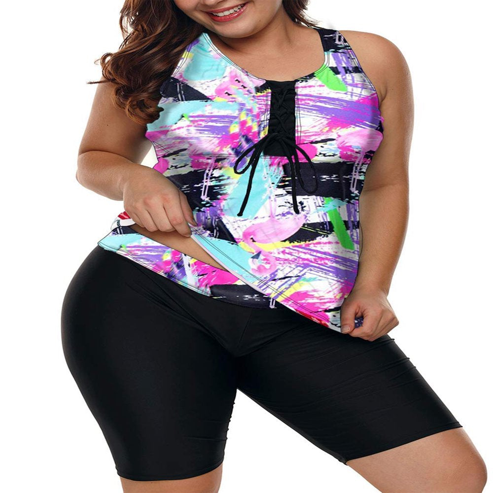 Womens plus Size Racerback Tankini Swimsuits with Rash Guard Capris Surf Swimwear