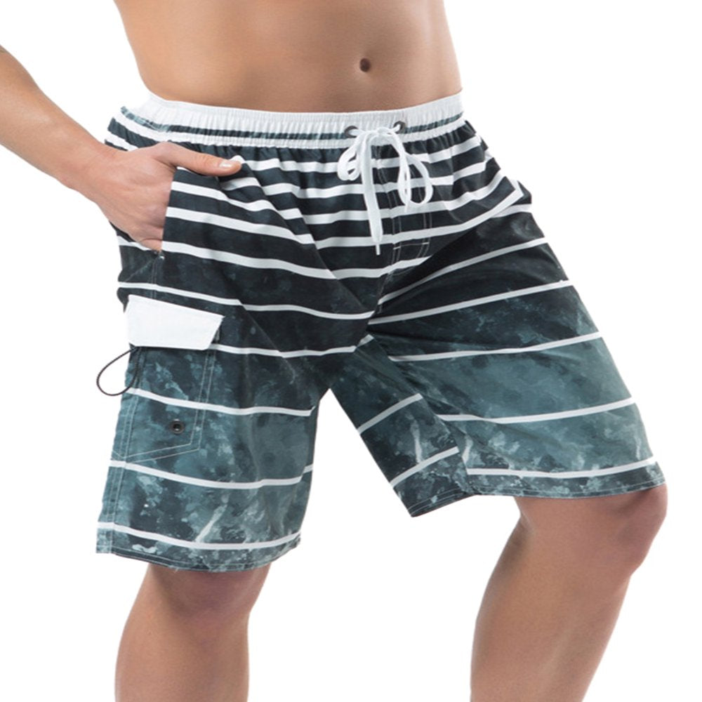 UKAP Men'S Big and Tall Board Shorts Swim Trunks with Side Pocket, Drawstring Striped Beach Shorts with Mesh Lining Swimwear Bathing Suits for Men