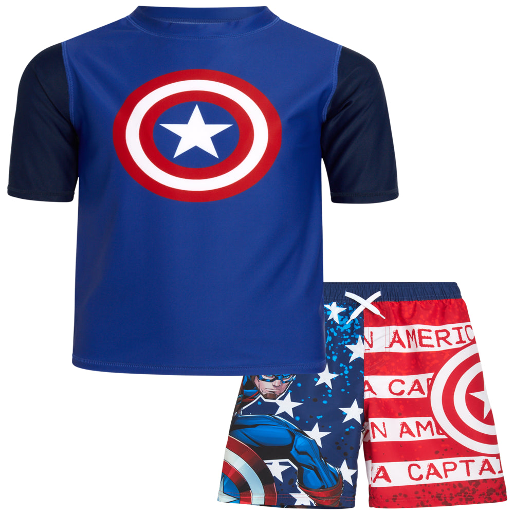 Marvel Boys' Avengers UPF 50+ Rash Guard Set - Captain America, Iron Man Swim Shirt and Trunks (2T-12)