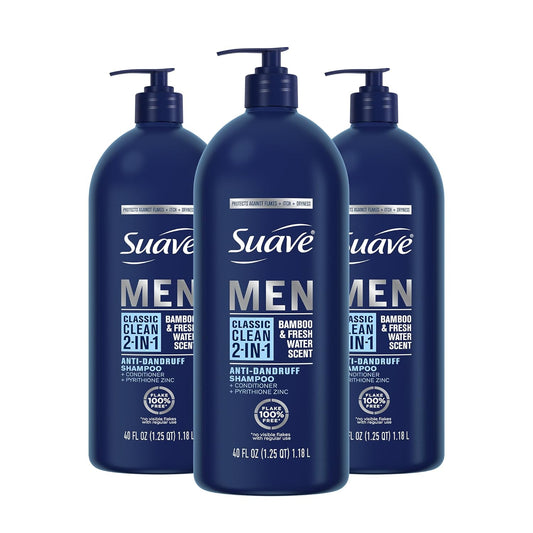 Suave Men 2 in 1 Anti Dandruff Shampoo and Conditioner, Classic Clean with Bamboo scent, 40 oz Pack of 3