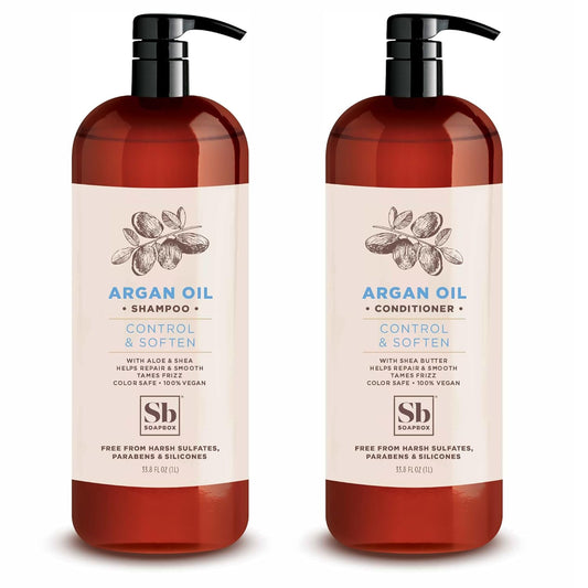 Soapbox Argan Shampoo & Conditioner Set, Volumizing, Vegan, Color Safe, Sulfate & Silicone Free, 1 Liter Each (Pack of 2)