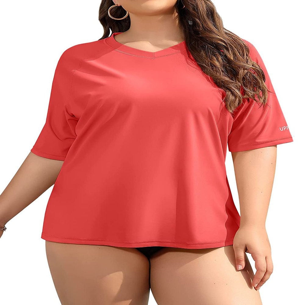 Women'S plus Size Rash Guard Short Sleeve Swim Shirt UPF 50+ Swimsuit Tops