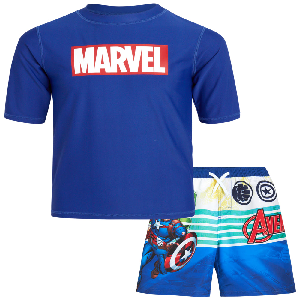 Marvel Boys' Avengers UPF 50+ Rash Guard Set - Captain America, Iron Man Swim Shirt and Trunks (2T-12)