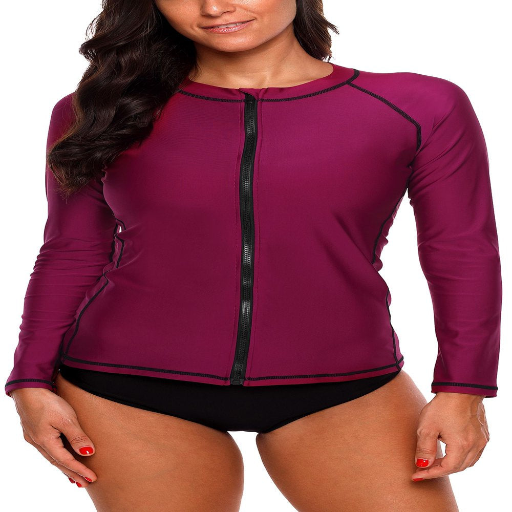 Charmo Women'S Zip Front Long Sleeve Swimsuits Rash Guard Top Sun Protection Swim Shirt