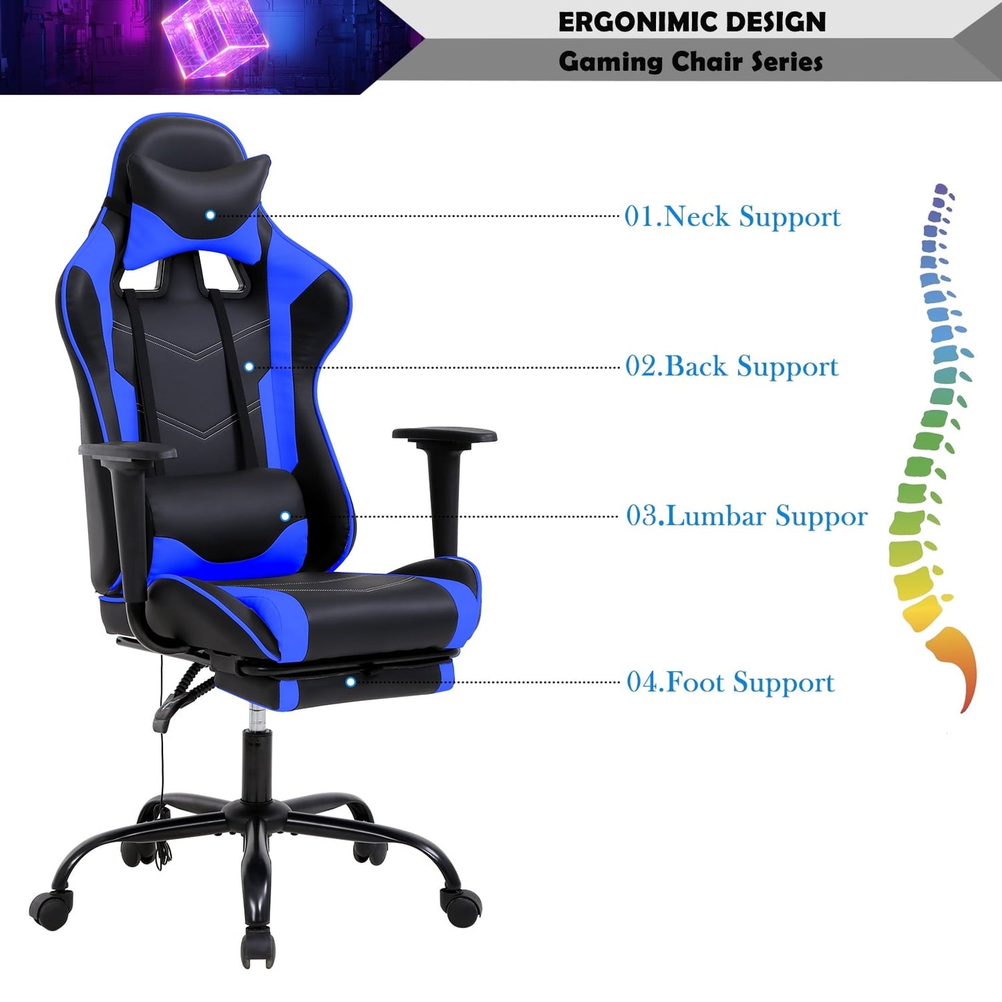 CL.HPAHKL Massage Gaming Chair, Height Adjustable Swivel Rolling Chair with Headrest Footrest and Massage Lumbar Support, PU High Back Ergonomic PC Chair for Office or Gaming, Office Gaming Chair