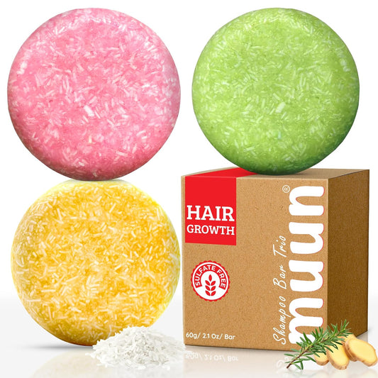 Shampoo Bar Pack 3 - Mix Ginger Rosemary & Rice Water - pH Balanced Hair Growth, Anti Hair Loss, Hair Regrowth Solid Soap Easy for Travel - Sulfate & Silicone Free For All Hair Type