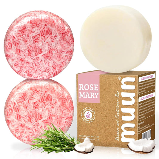 Muun Rosemary Shampoo and Conditioner Bar Set 3 - Natural Solid Hair Growth Shampoo Soap Bars Set for Women with Straight, Curly Hair for Thinning, Hair Loss, Regrowth, Thickening