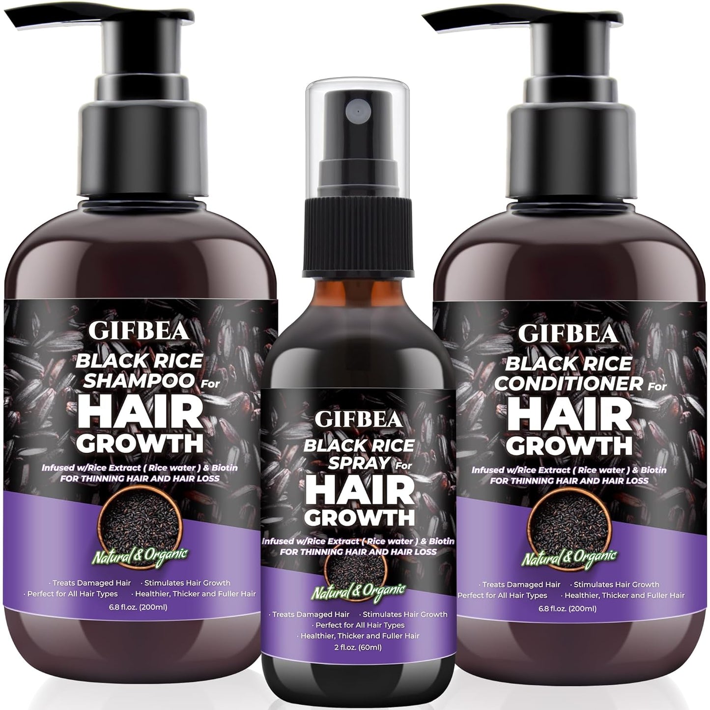 Organic Black Rice Water Shampoo and Conditioner Set for Hair Growth,w/Rosemary Water & Rice Water Spray,Sulfate Free Routine Shampoo and Conditioner for Women Men Hair Loss Thickening Products