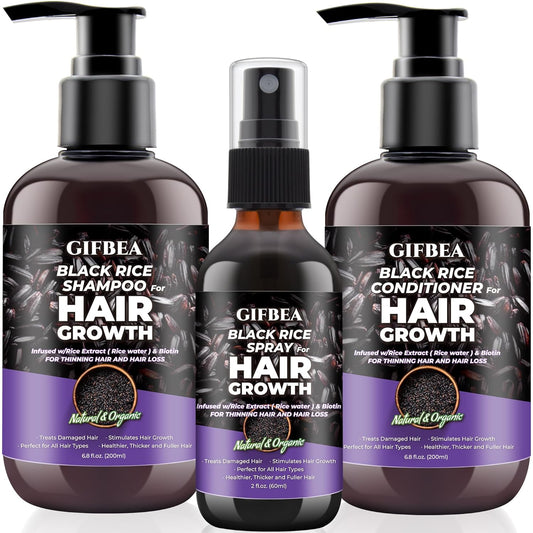 Organic Black Rice Water Shampoo and Conditioner Set for Hair Growth,w/Rosemary Water & Rice Water Spray,Sulfate Free Routine Shampoo and Conditioner for Women Men Hair Loss Thickening Products